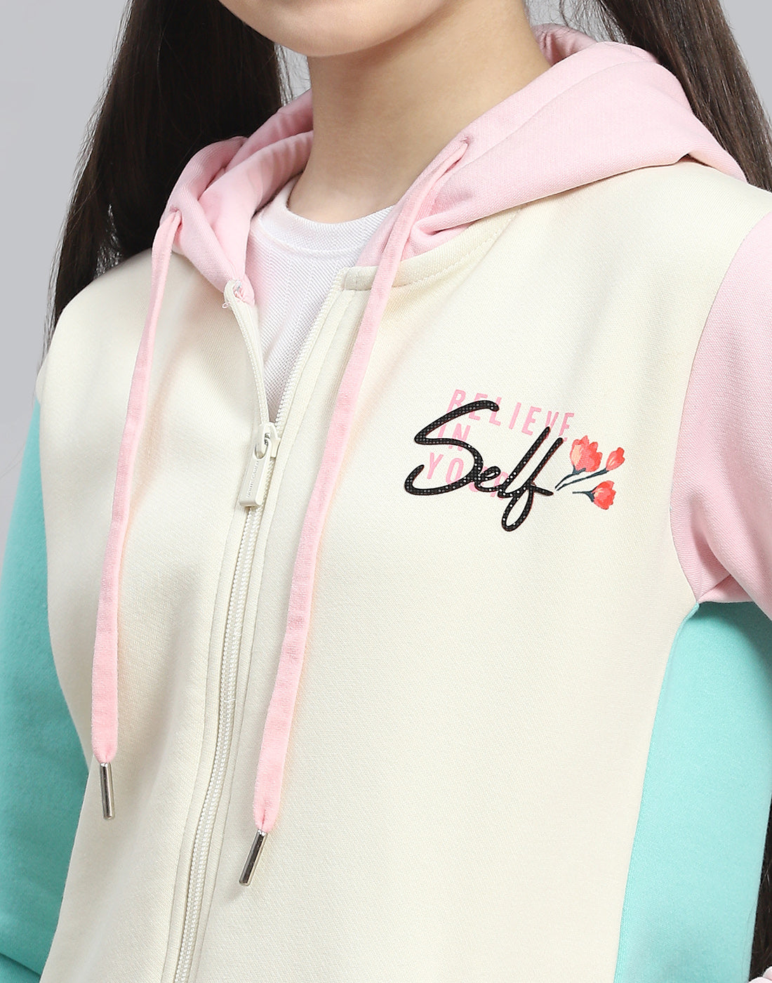 Girls Cream Printed Hooded Full Sleeve Tracksuit