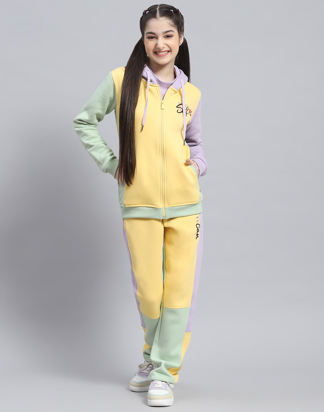 Girls Yellow Printed Hooded Full Sleeve Tracksuit