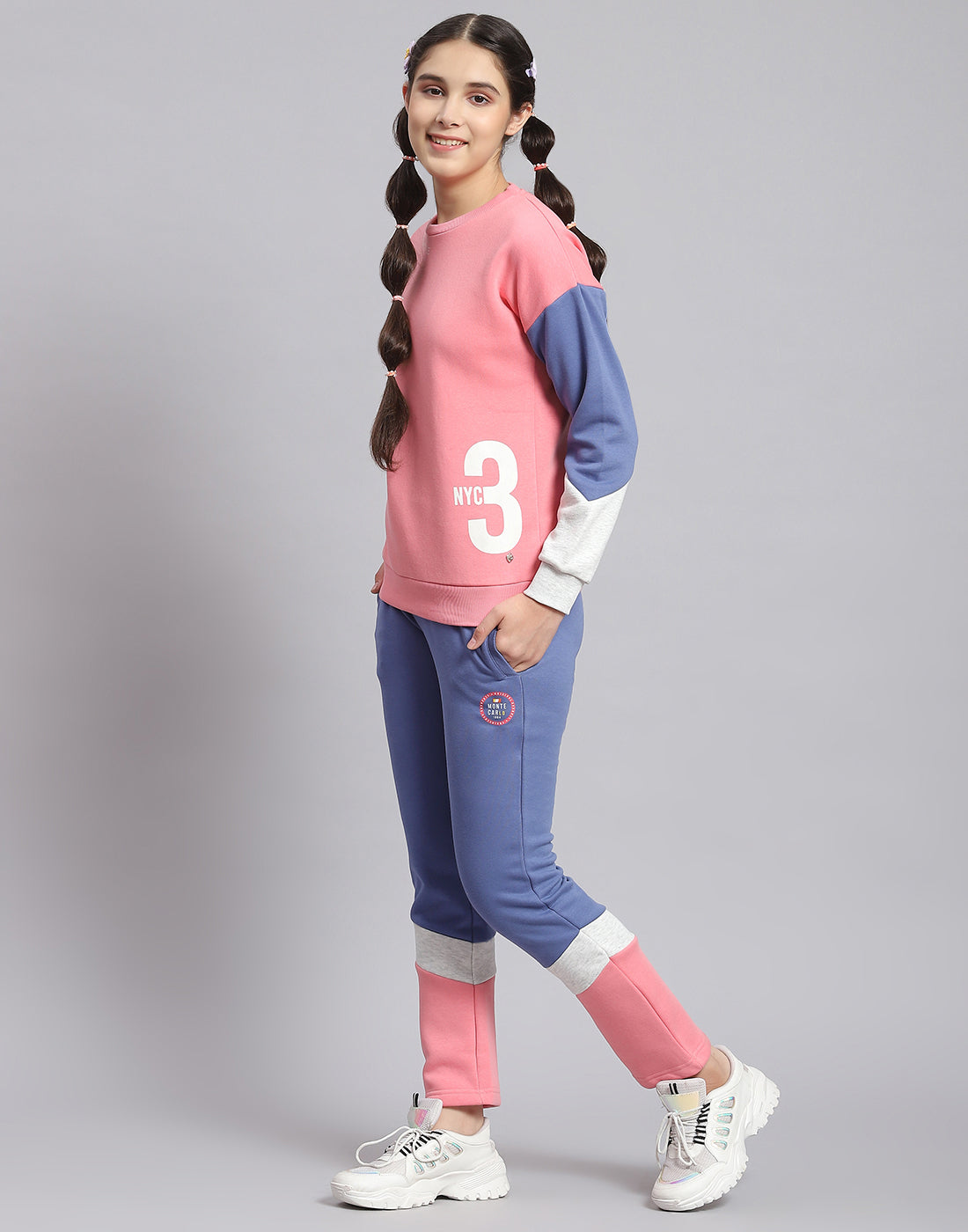Girls Peach Printed Round Neck Full Sleeve Tracksuit