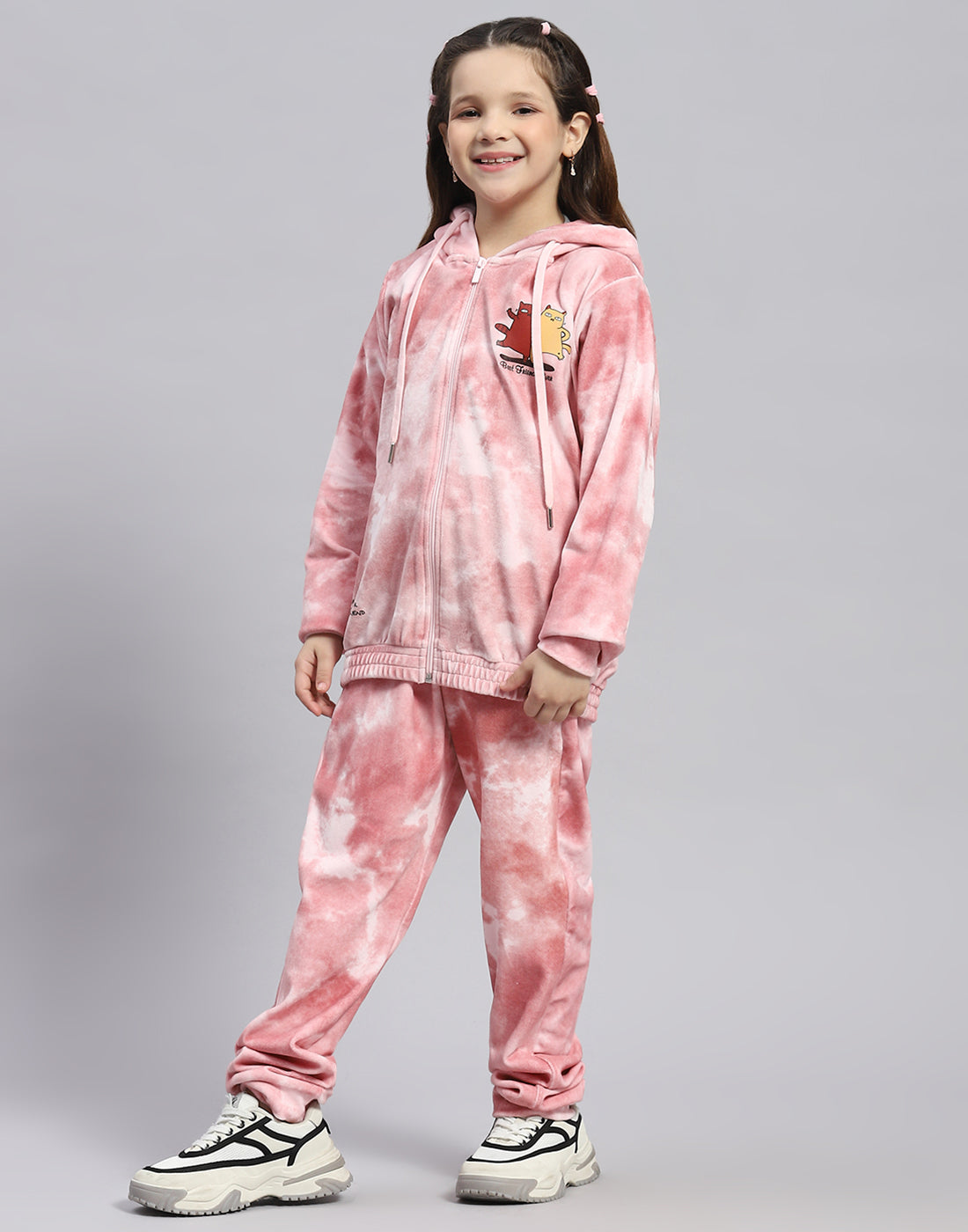 Girls Pink Printed Round Neck Full Sleeve Cords Set
