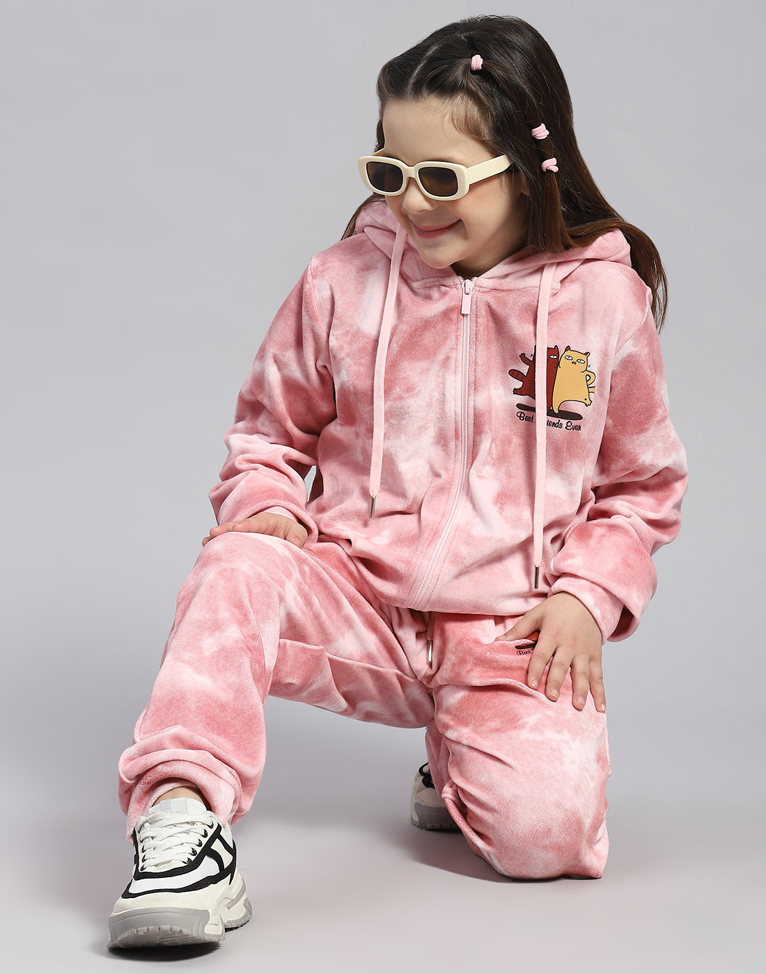 Girls Pink Printed Round Neck Full Sleeve Cords Set