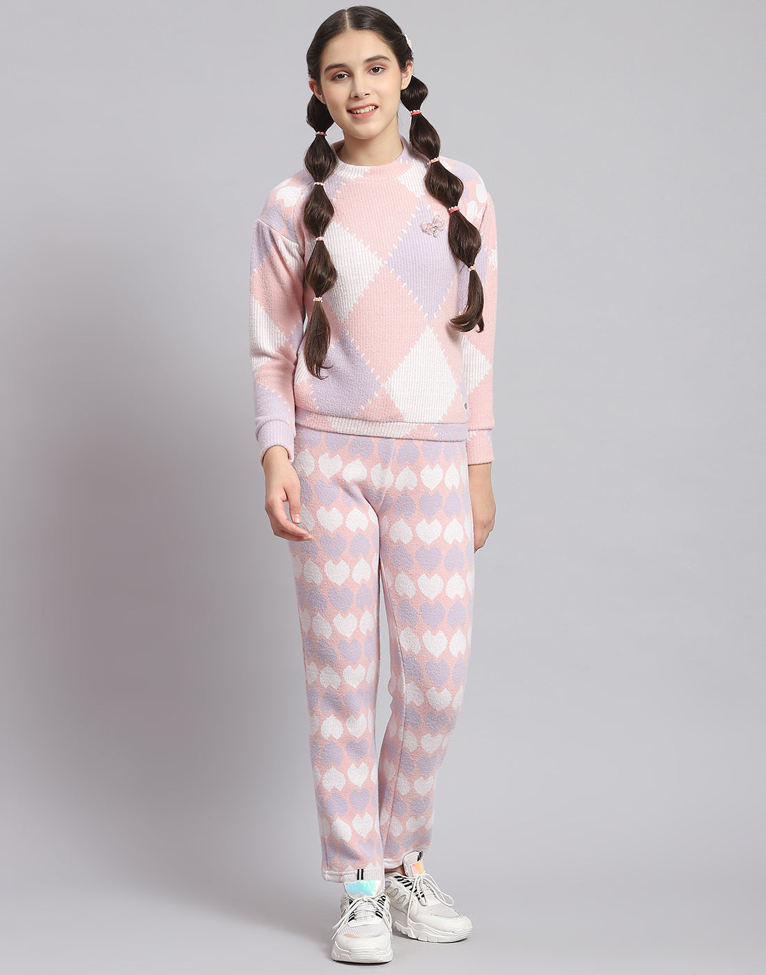 Girls Peach Self Design T Neck Full Sleeve Cords Set