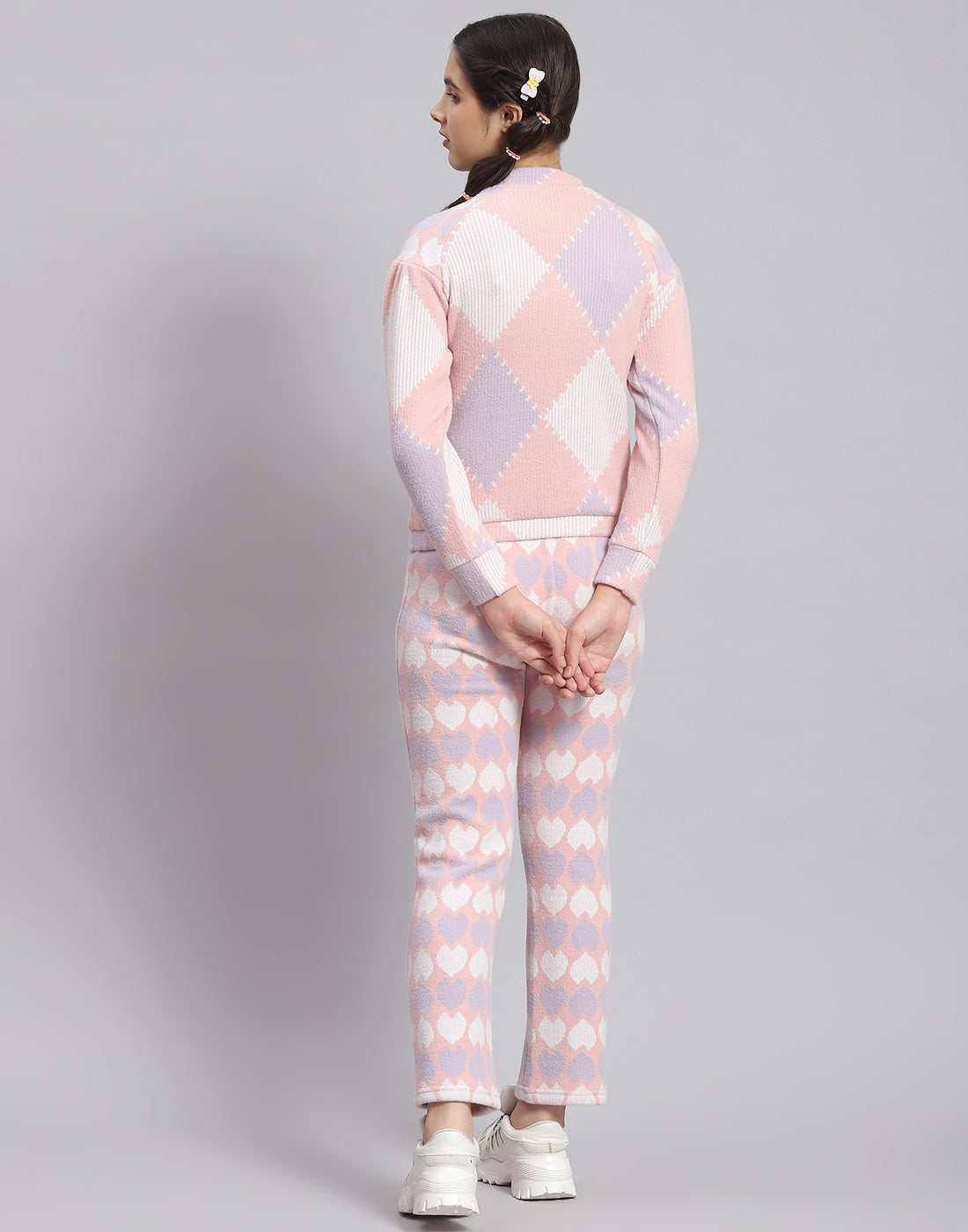 Girls Peach Self Design T Neck Full Sleeve Cords Set