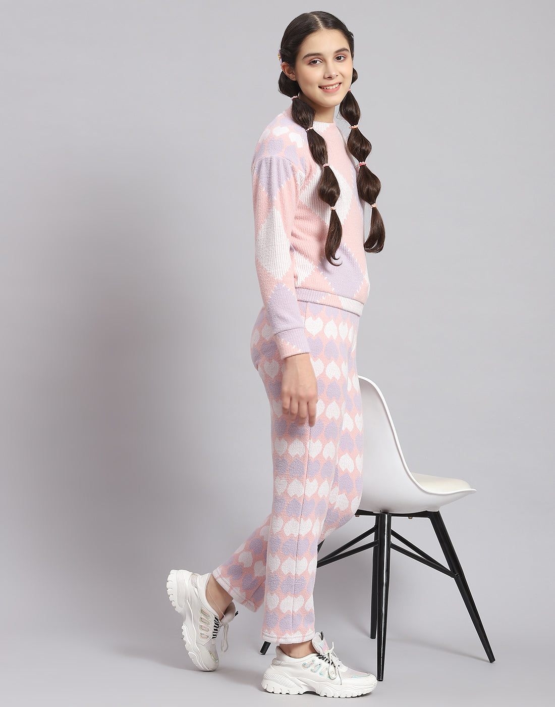 Girls Peach Self Design T Neck Full Sleeve Cords Set