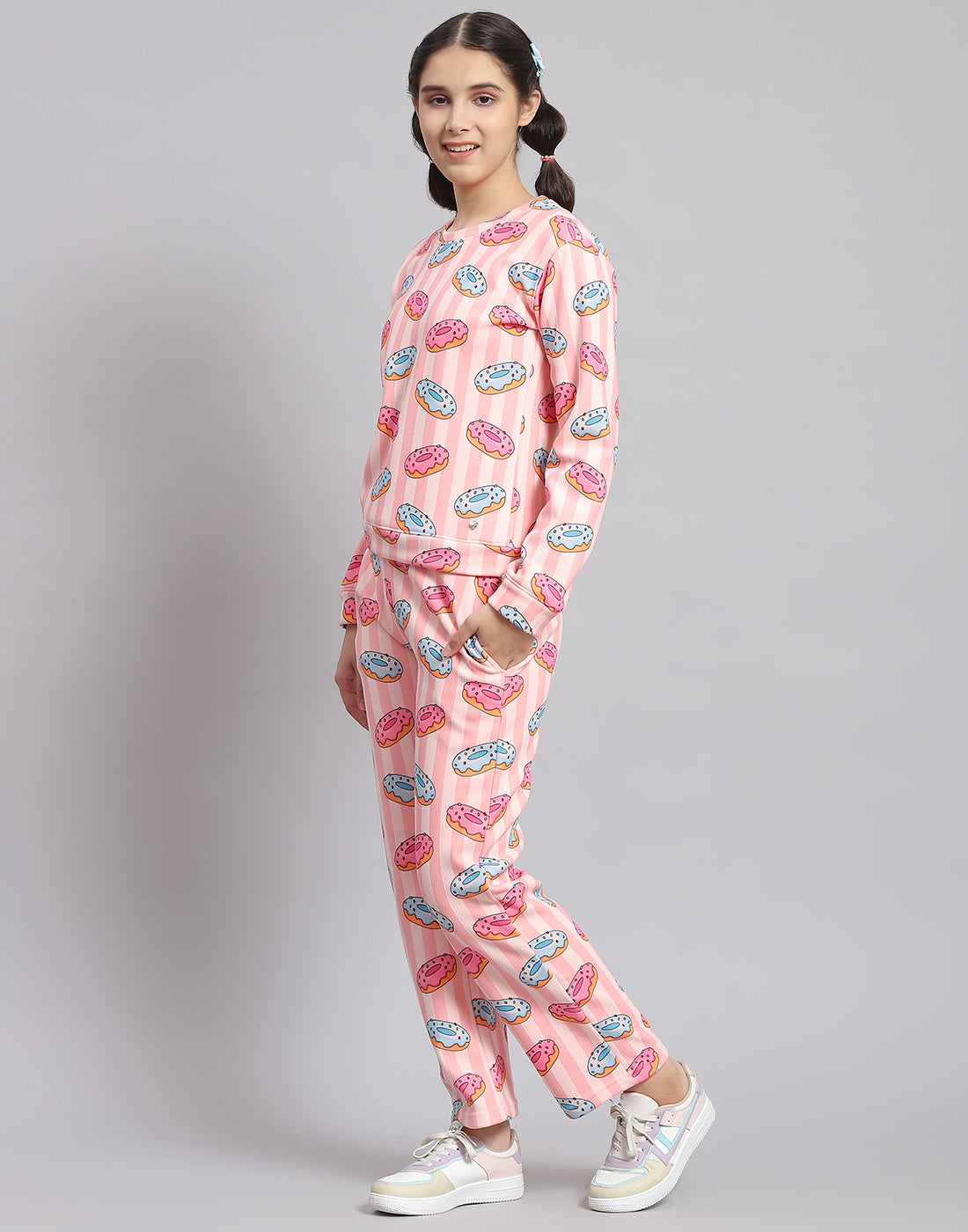 Girls Pink Printed Round Neck Full Sleeve Cords Set