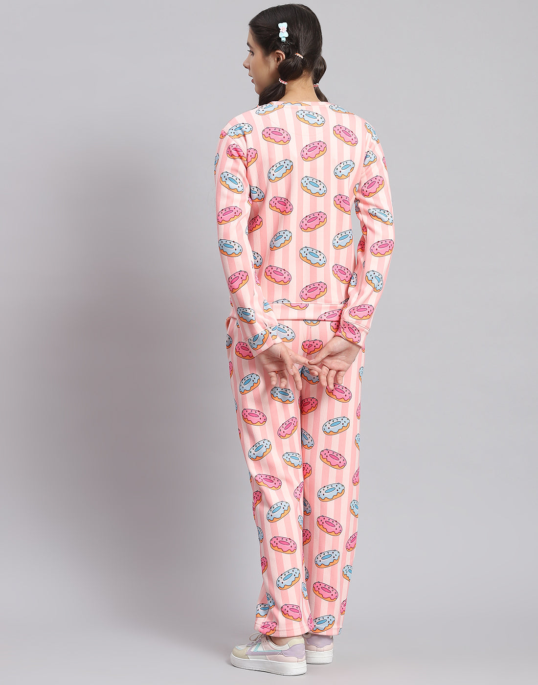 Girls Pink Printed Round Neck Full Sleeve Cords Set