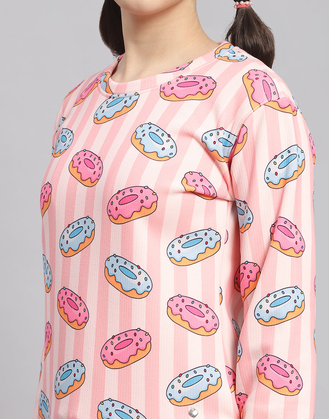 Girls Pink Printed Round Neck Full Sleeve Cords Set