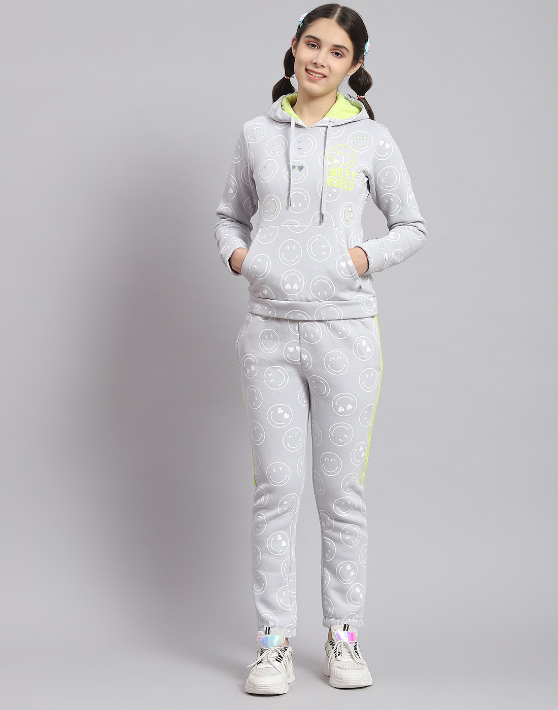 Girls Grey Printed Hooded Full Sleeve Cords Set