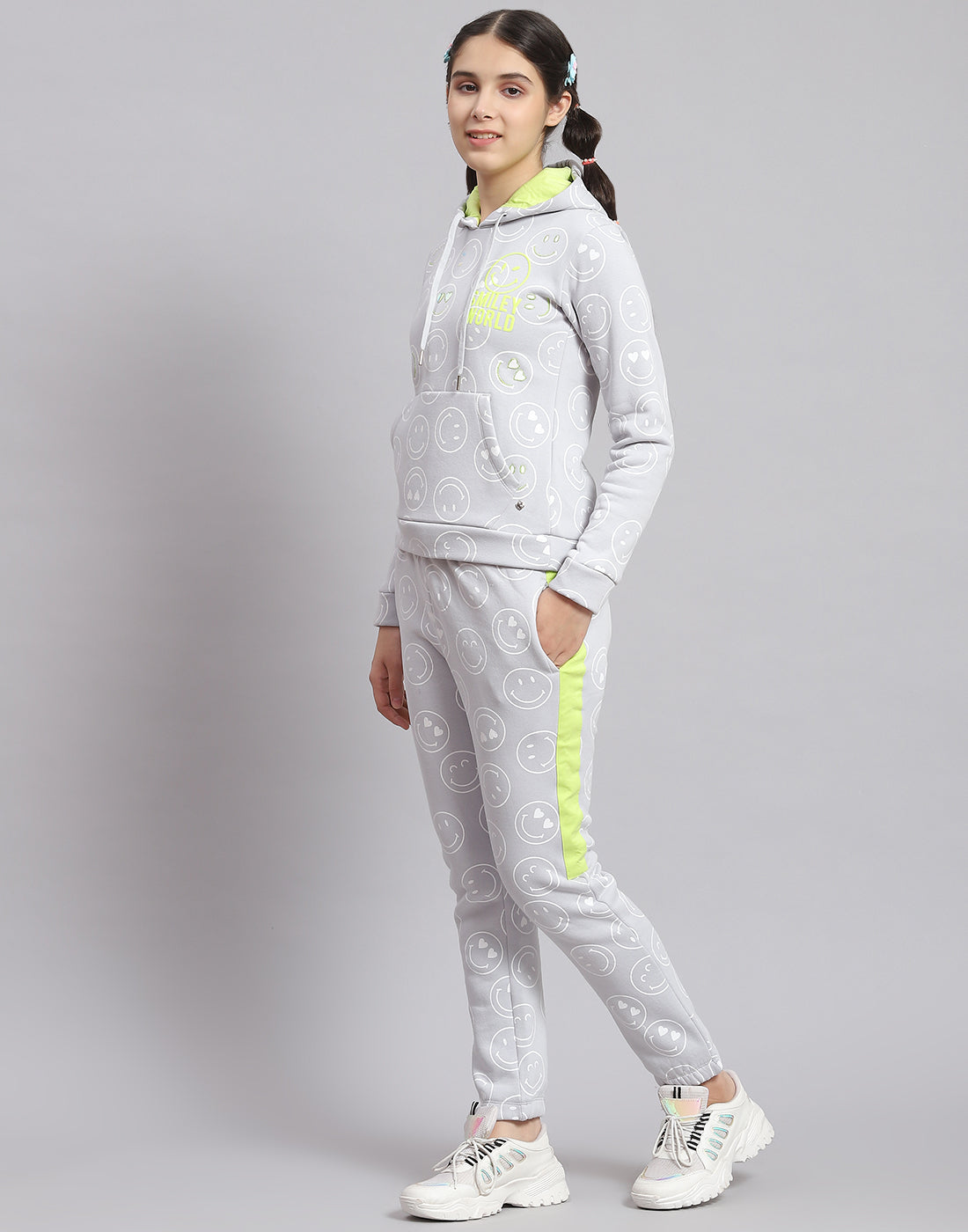 Girls Grey Printed Hooded Full Sleeve Cords Set