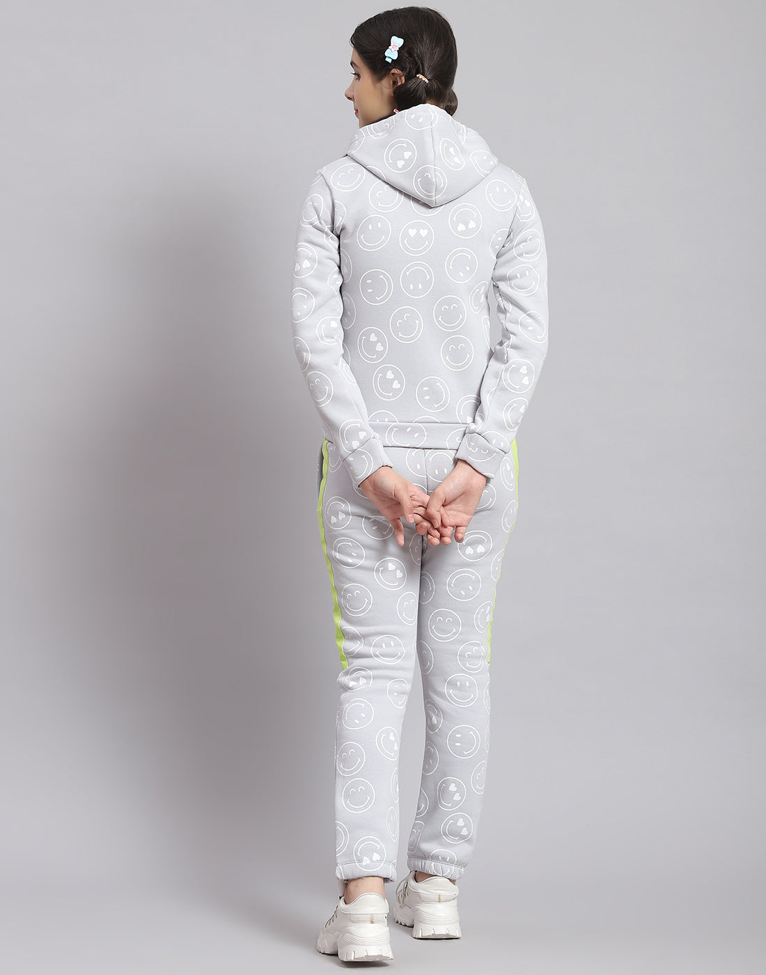 Girls Grey Printed Hooded Full Sleeve Cords Set