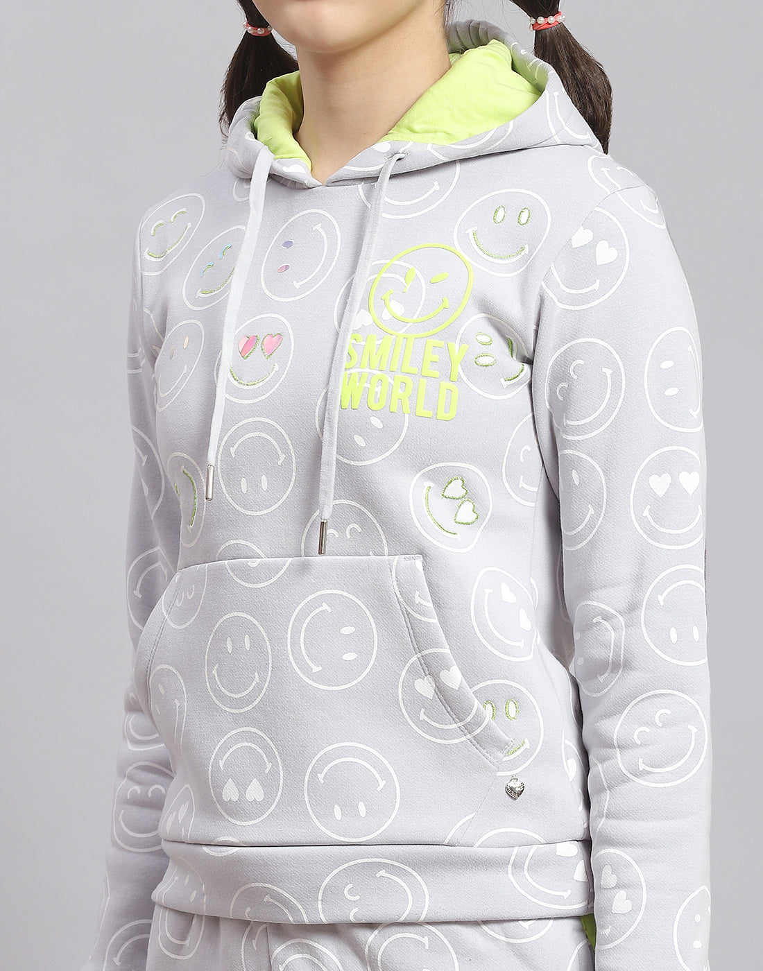 Girls Grey Printed Hooded Full Sleeve Cords Set