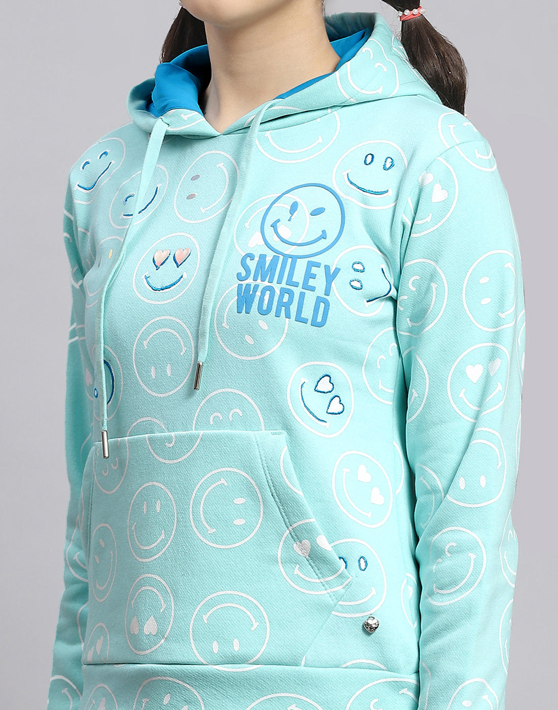 Girls Turquoise Blue Printed Hooded Full Sleeve Cords Set