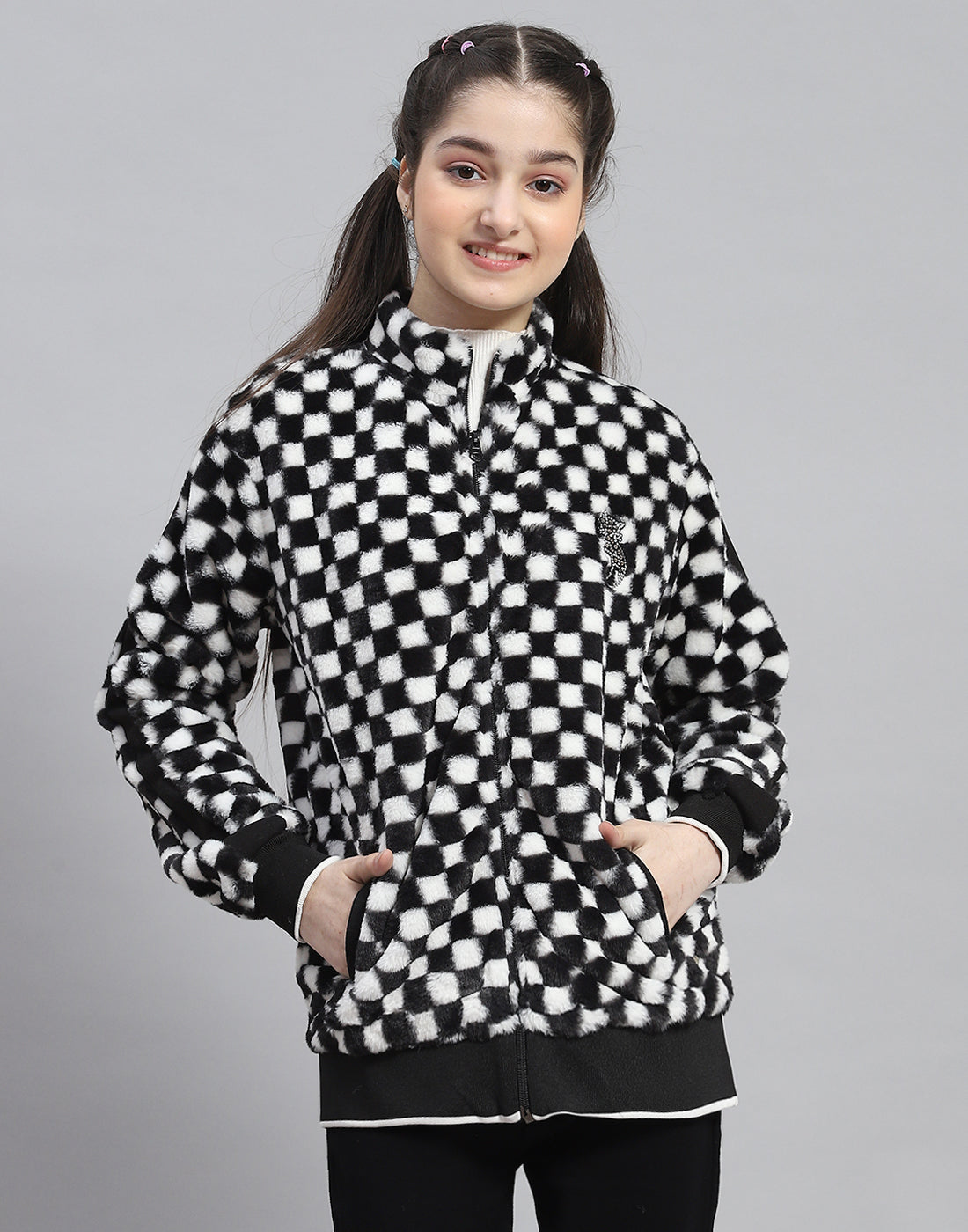 Girls Black Check Stand Collar Full Sleeve Sweatshirt