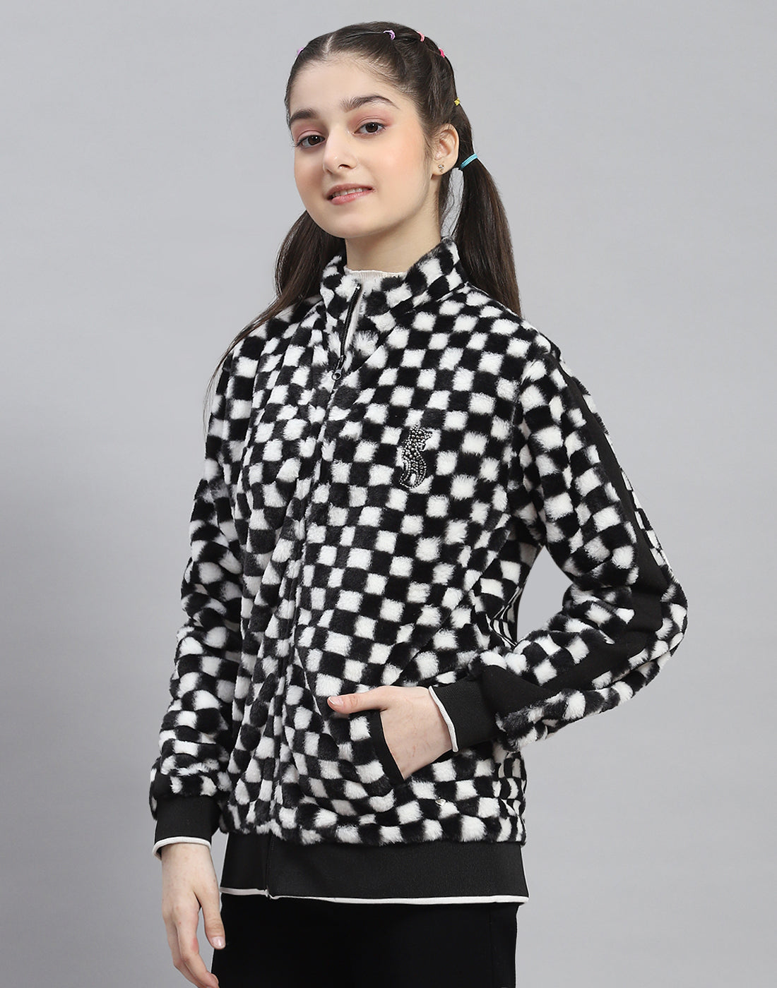 Girls Black Check Stand Collar Full Sleeve Sweatshirt