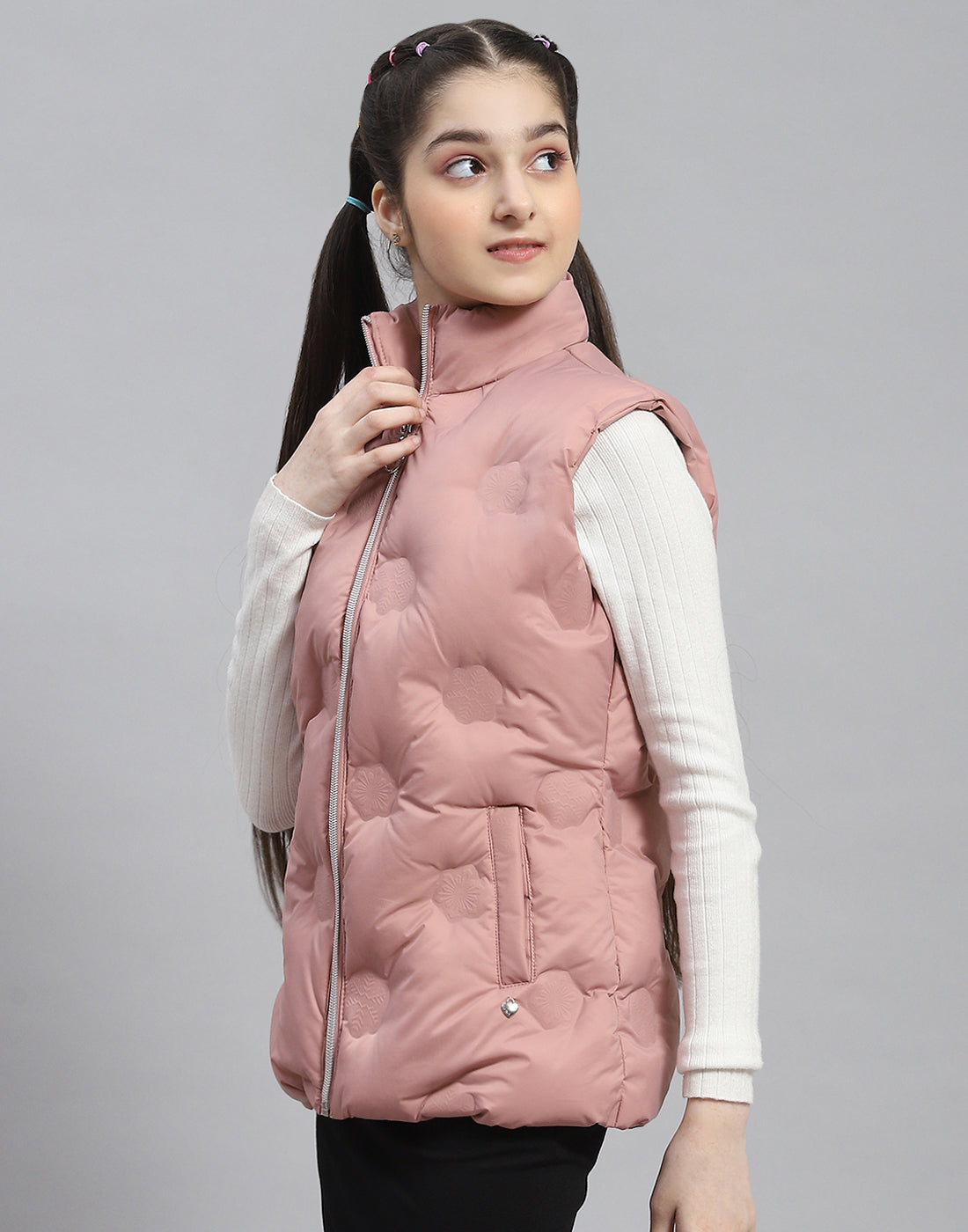 Girls Peach Solid Stand Collar Sleeveless Girls Jacket