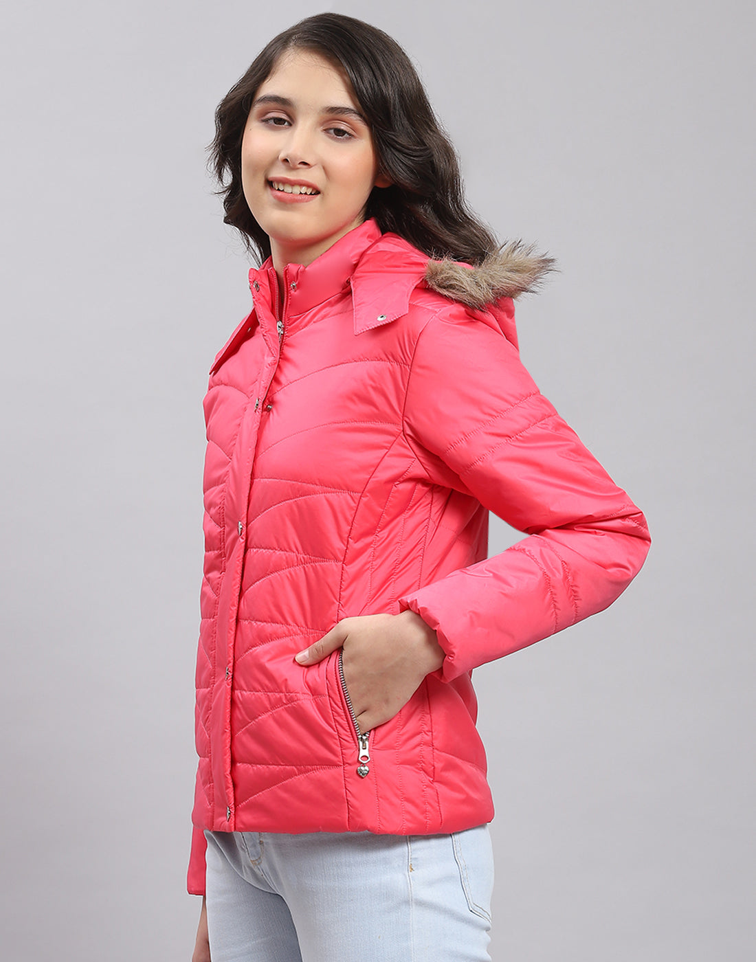 Girls Pink Solid Hooded Full Sleeve Girls Jacket