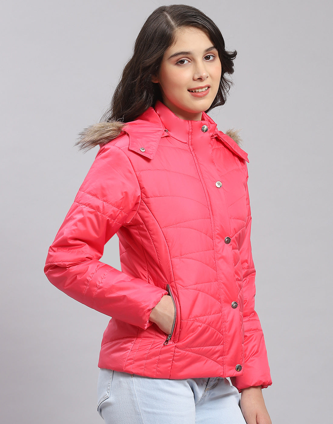Girls Pink Solid Hooded Full Sleeve Girls Jacket