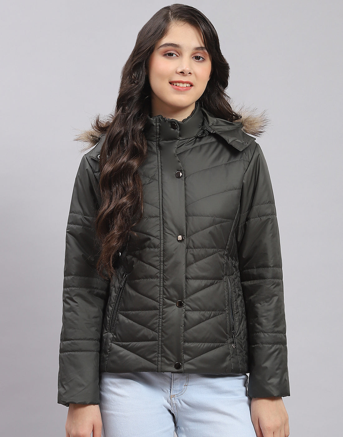 Girls Olive Solid Hooded Full Sleeve Girls Jacket