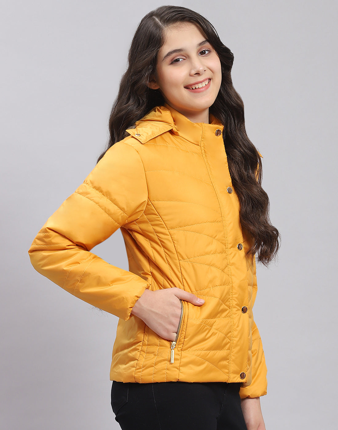 Girls Mustard Solid Hooded Full Sleeve Girls Jacket
