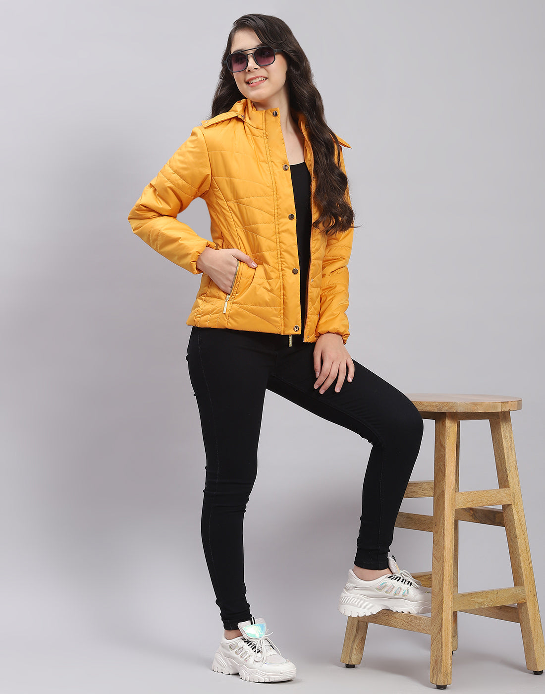 Girls Mustard Solid Hooded Full Sleeve Girls Jacket