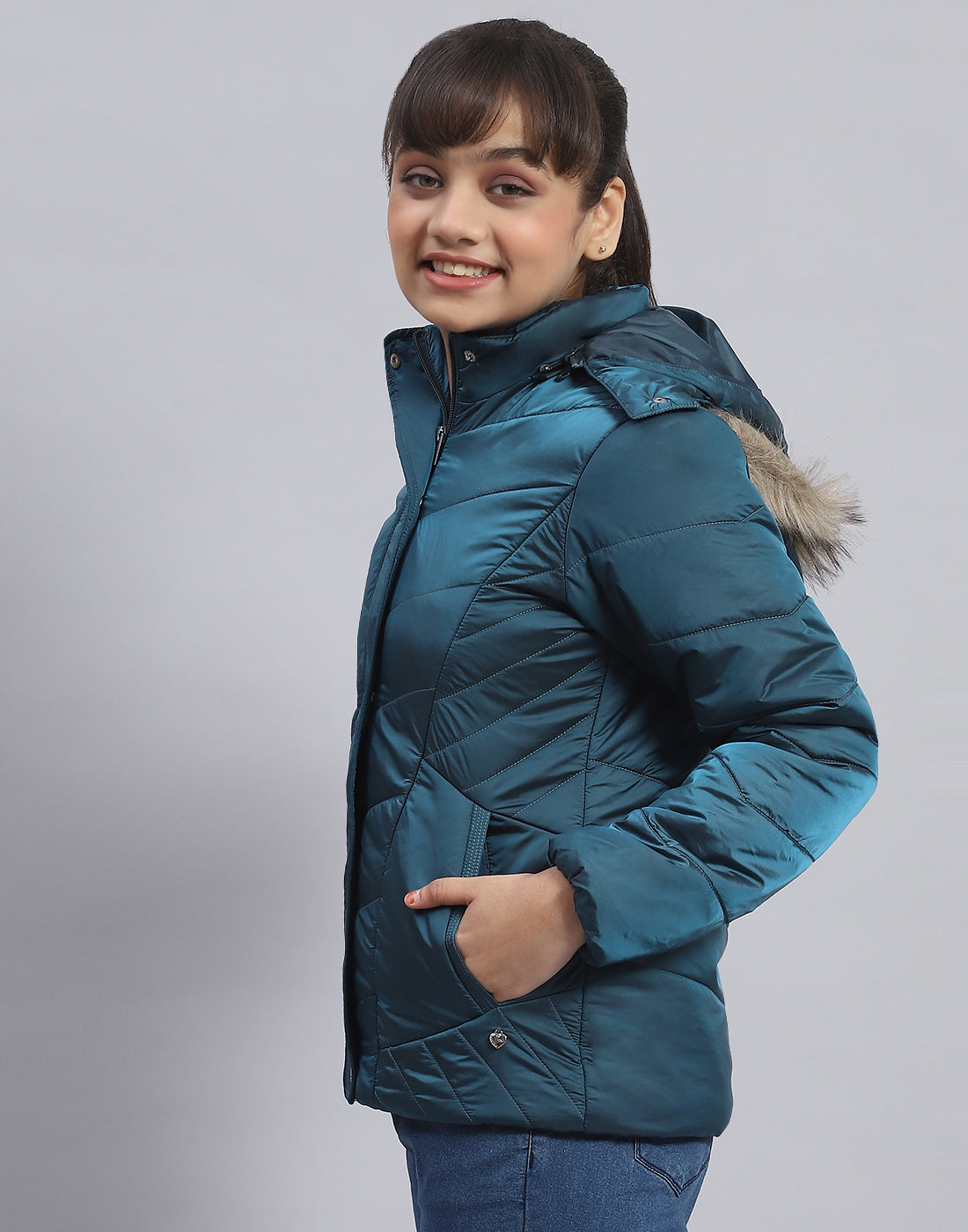 Girls Teal Blue Solid Hooded Full Sleeve Girls Jacket