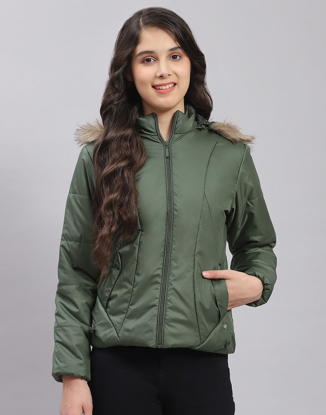 Girls Olive Solid Hooded Full Sleeve Girls Jacket