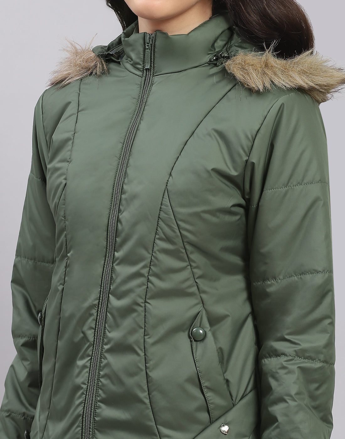 Girls Olive Solid Hooded Full Sleeve Girls Jacket