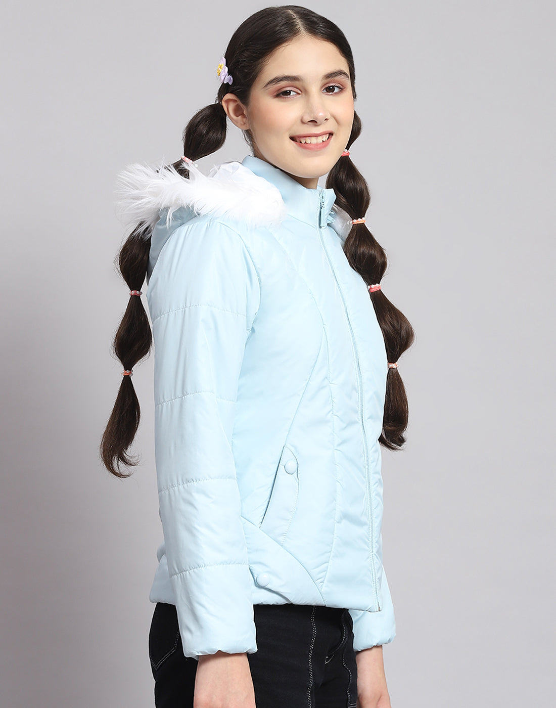 Girls Blue Solid Hooded Full Sleeve Girls Jacket