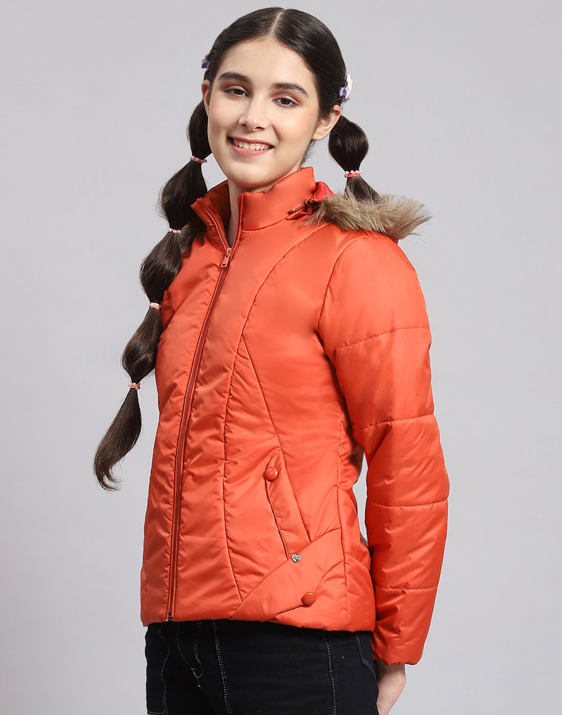 Girls Rust Solid Hooded Full Sleeve Girls Jacket