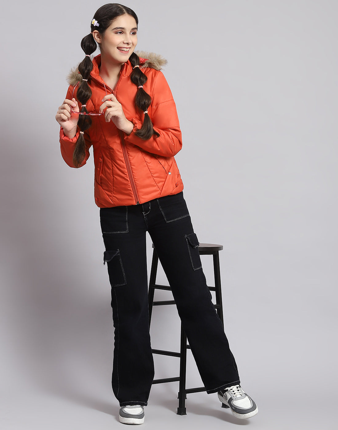 Girls Rust Solid Hooded Full Sleeve Girls Jacket