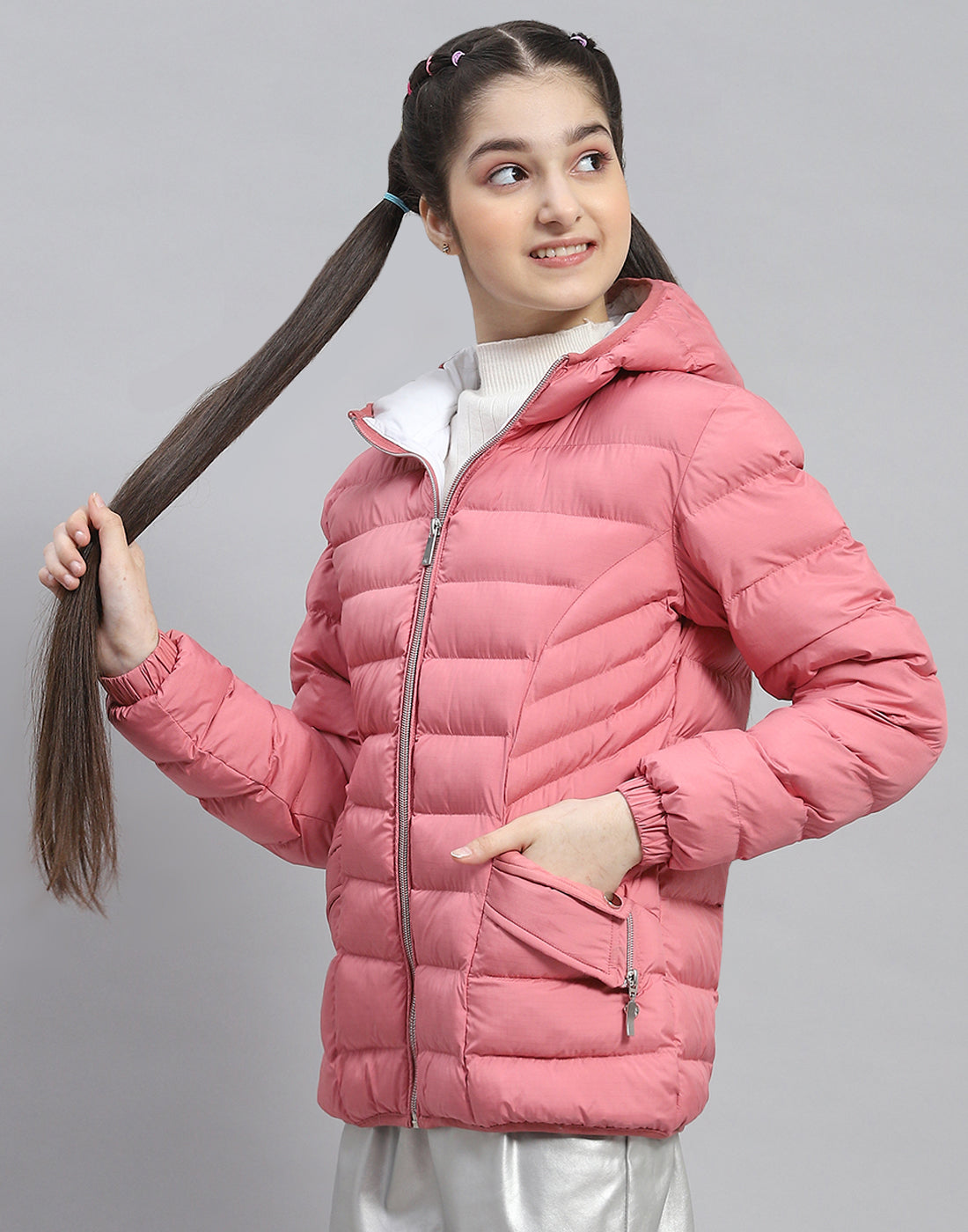 Girls Pink Solid Hooded Full Sleeve Girls Jacket
