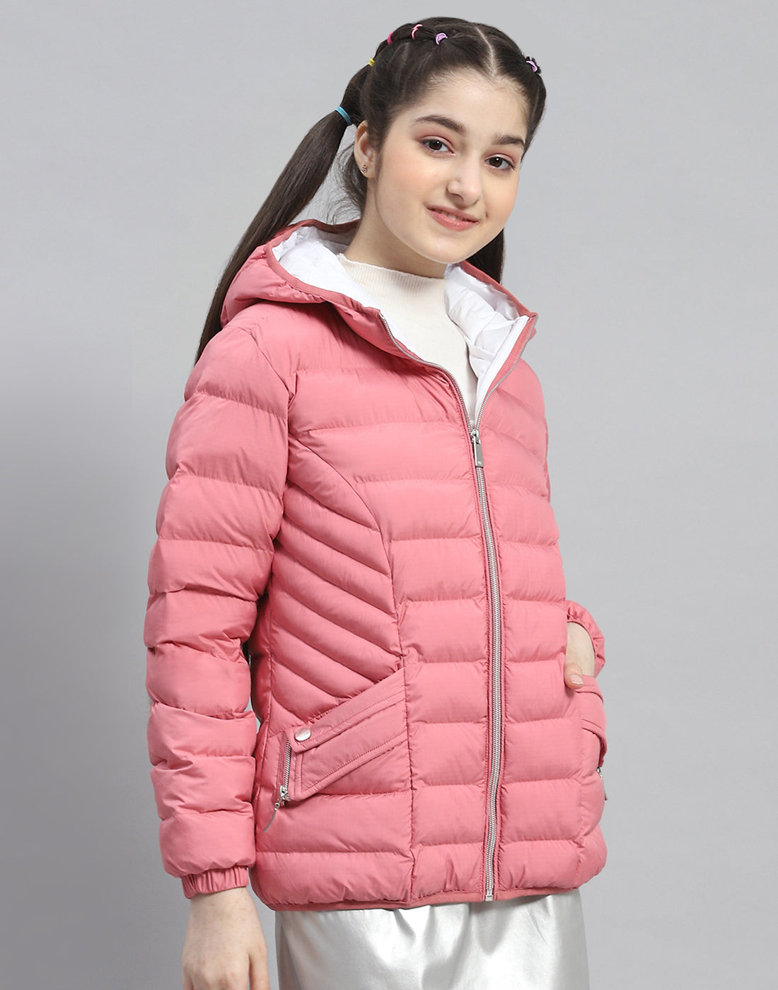 Girls Pink Solid Hooded Full Sleeve Girls Jacket