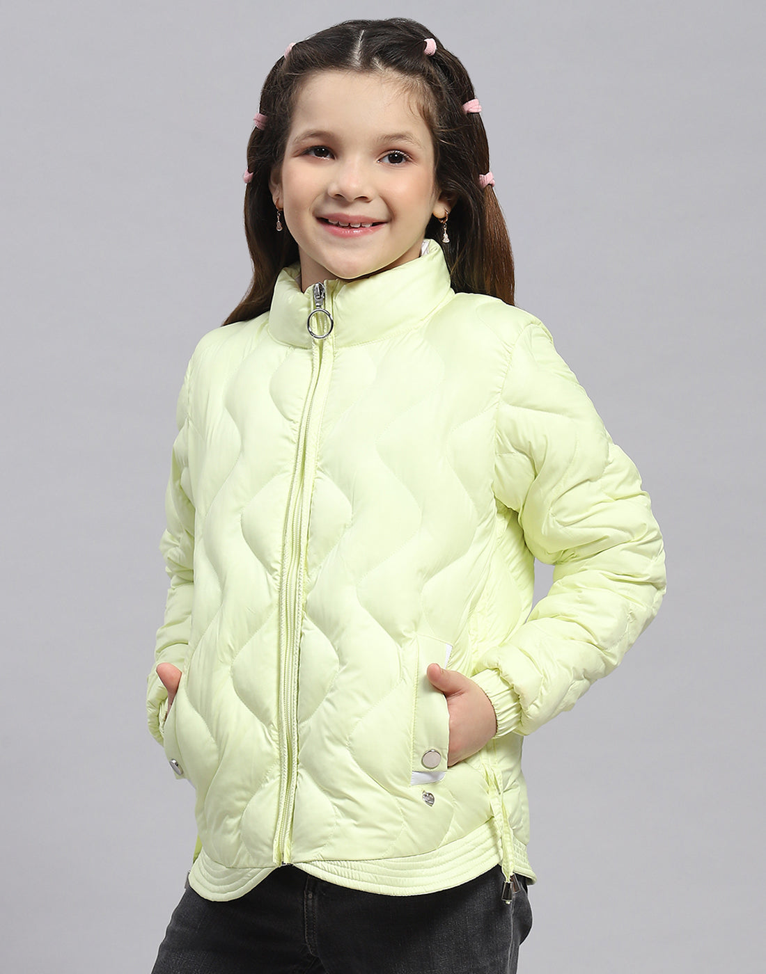 Girls Green Check Stand Collar Full Sleeve Girls Jacket