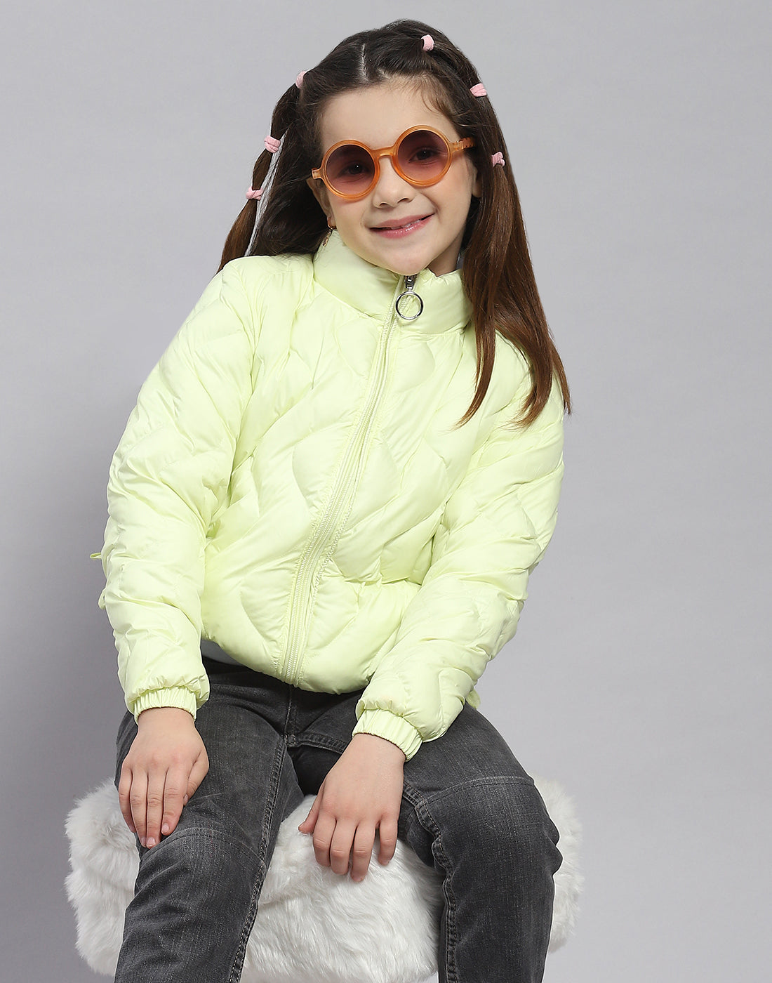 Girls Green Check Stand Collar Full Sleeve Girls Jacket