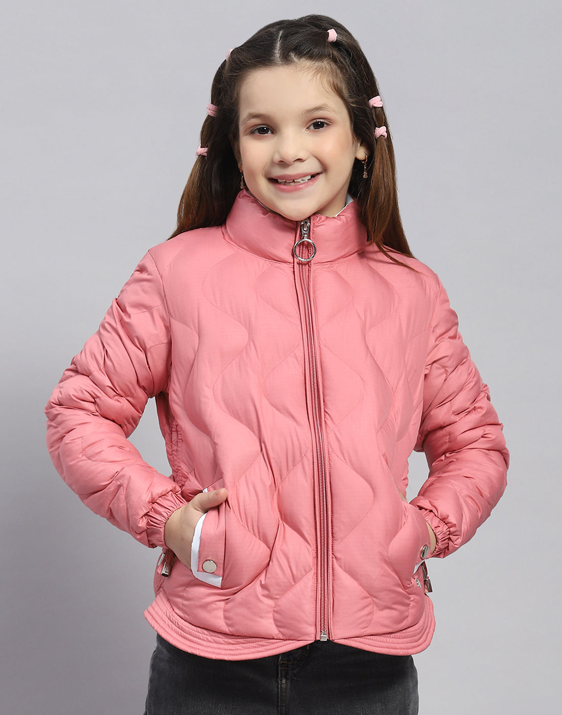 Girls Peach Check Stand Collar Full Sleeve Girls Jacket