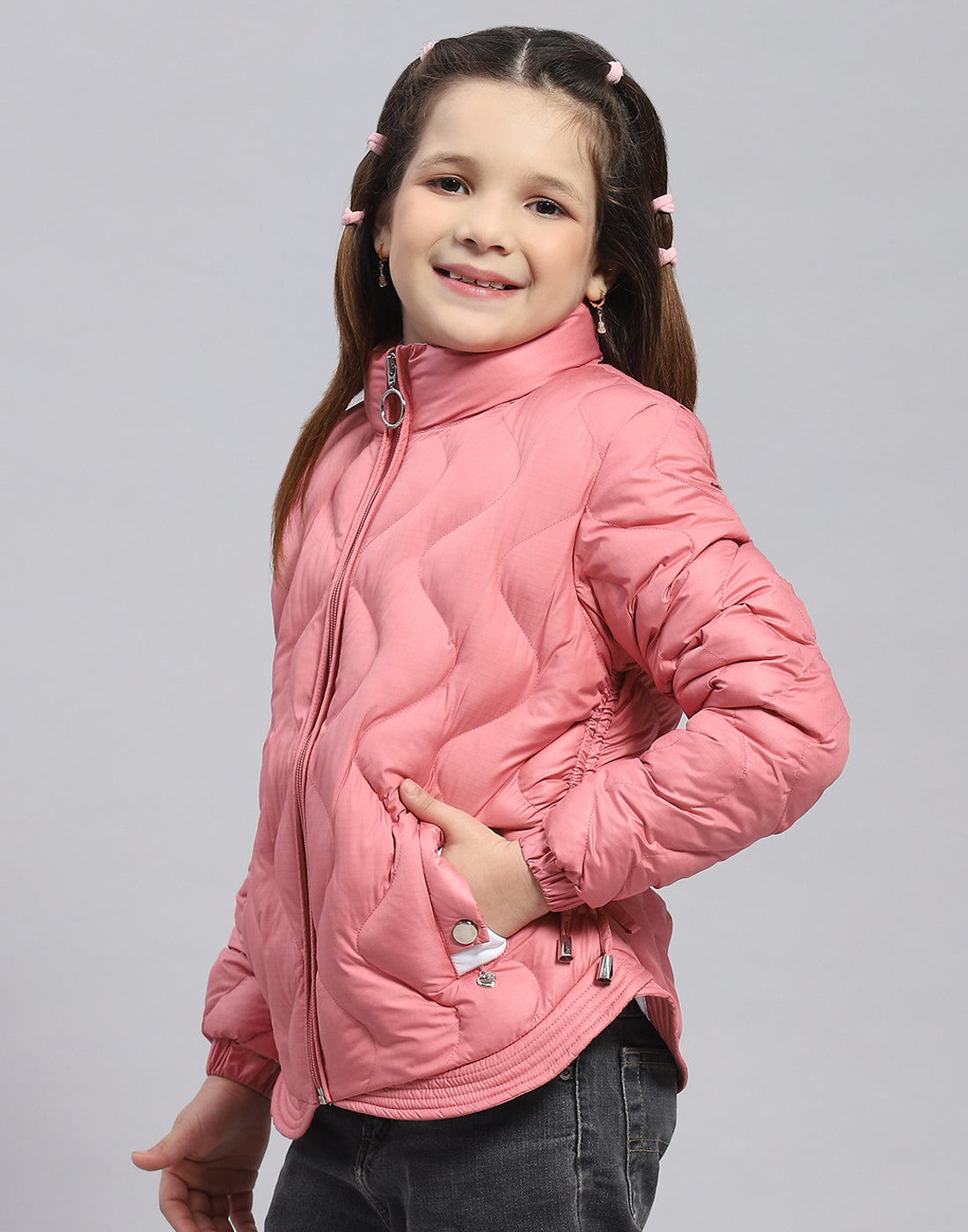 Girls Peach Check Stand Collar Full Sleeve Girls Jacket