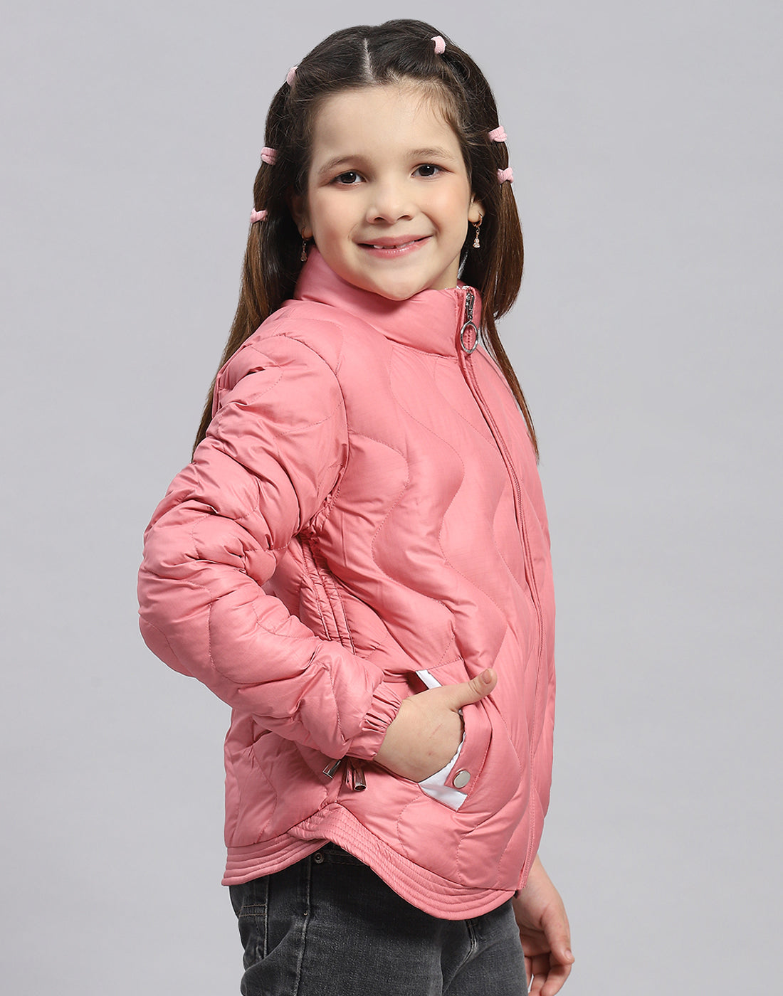 Girls Peach Check Stand Collar Full Sleeve Girls Jacket