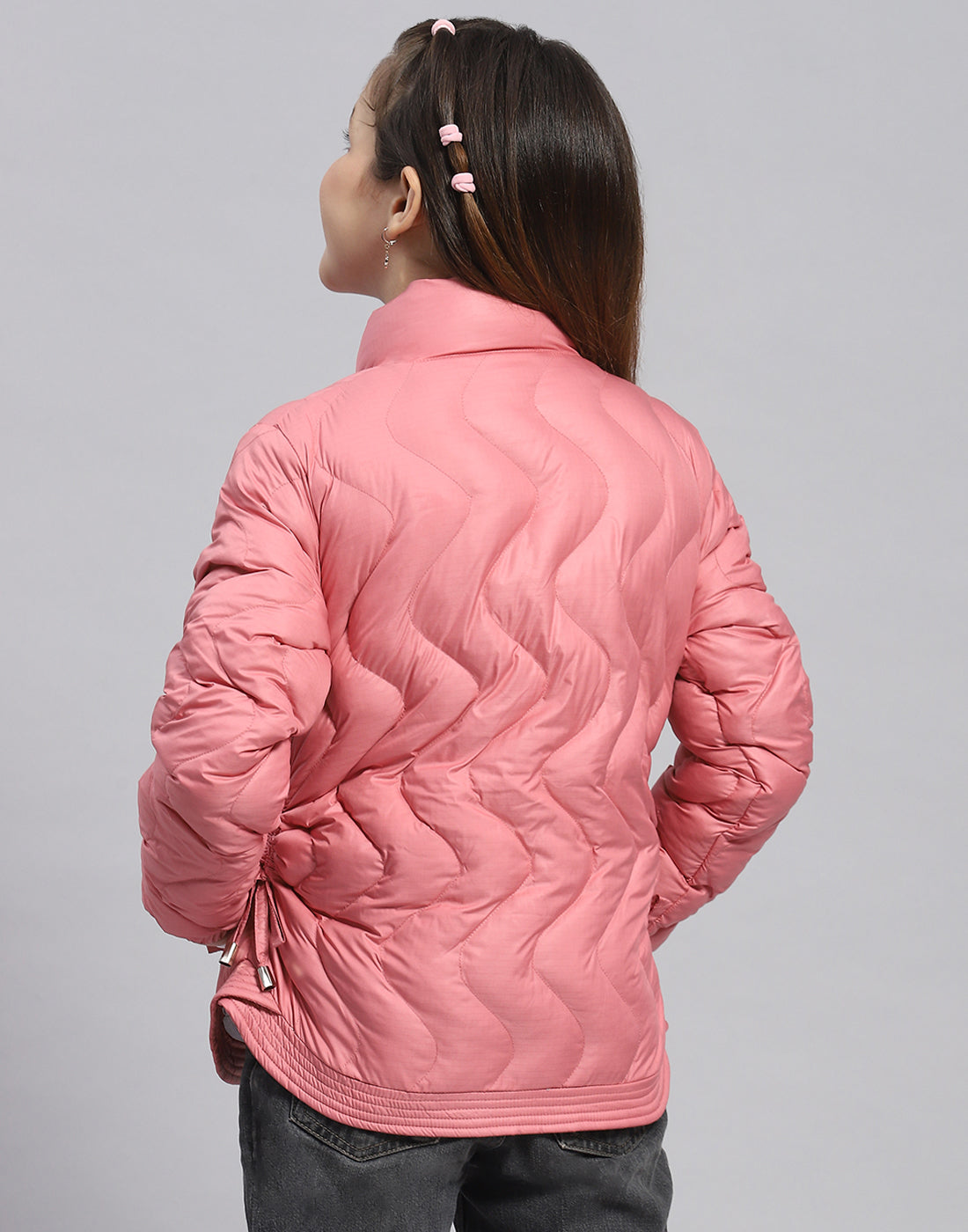 Girls Peach Check Stand Collar Full Sleeve Girls Jacket