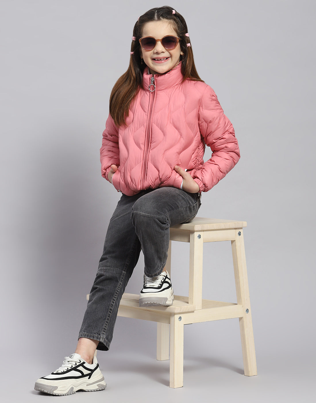 Girls Peach Check Stand Collar Full Sleeve Girls Jacket