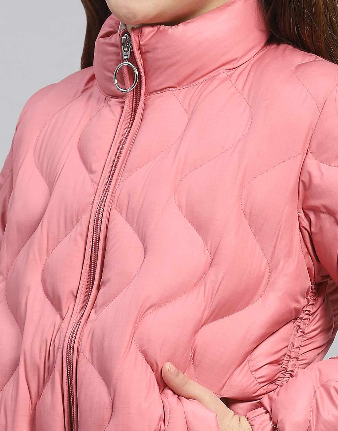 Girls Peach Check Stand Collar Full Sleeve Girls Jacket