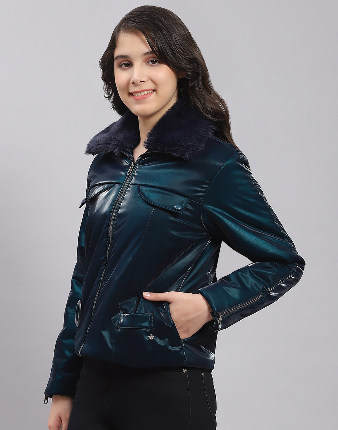 Girls Teal Blue Solid Collar Full Sleeve Girls Jacket