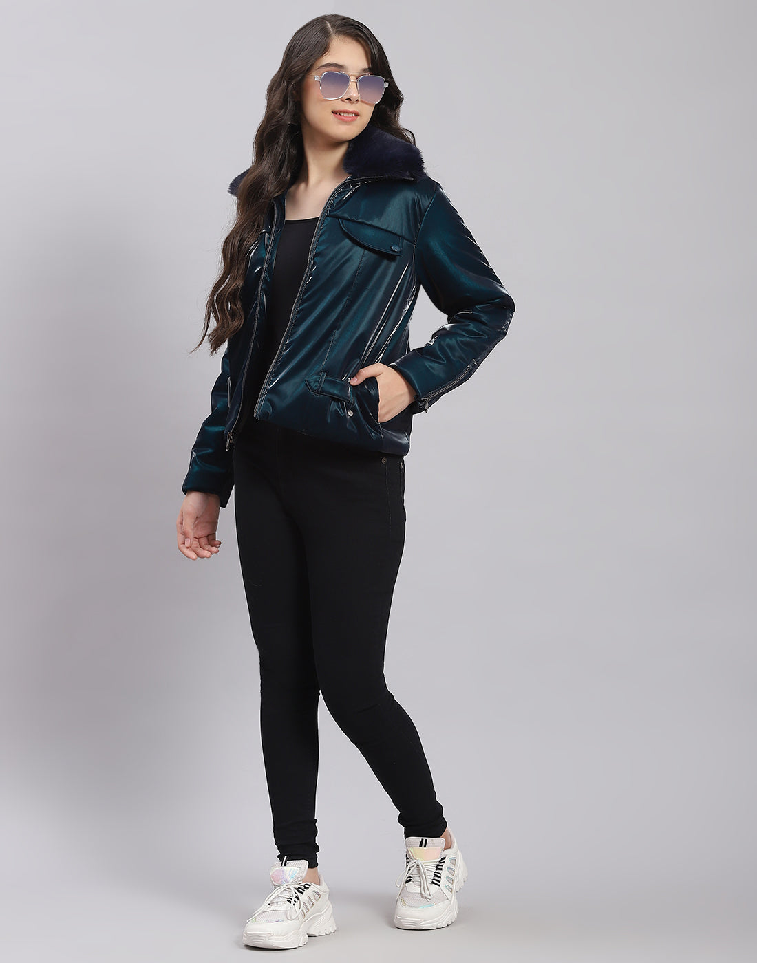 Girls Teal Blue Solid Collar Full Sleeve Girls Jacket