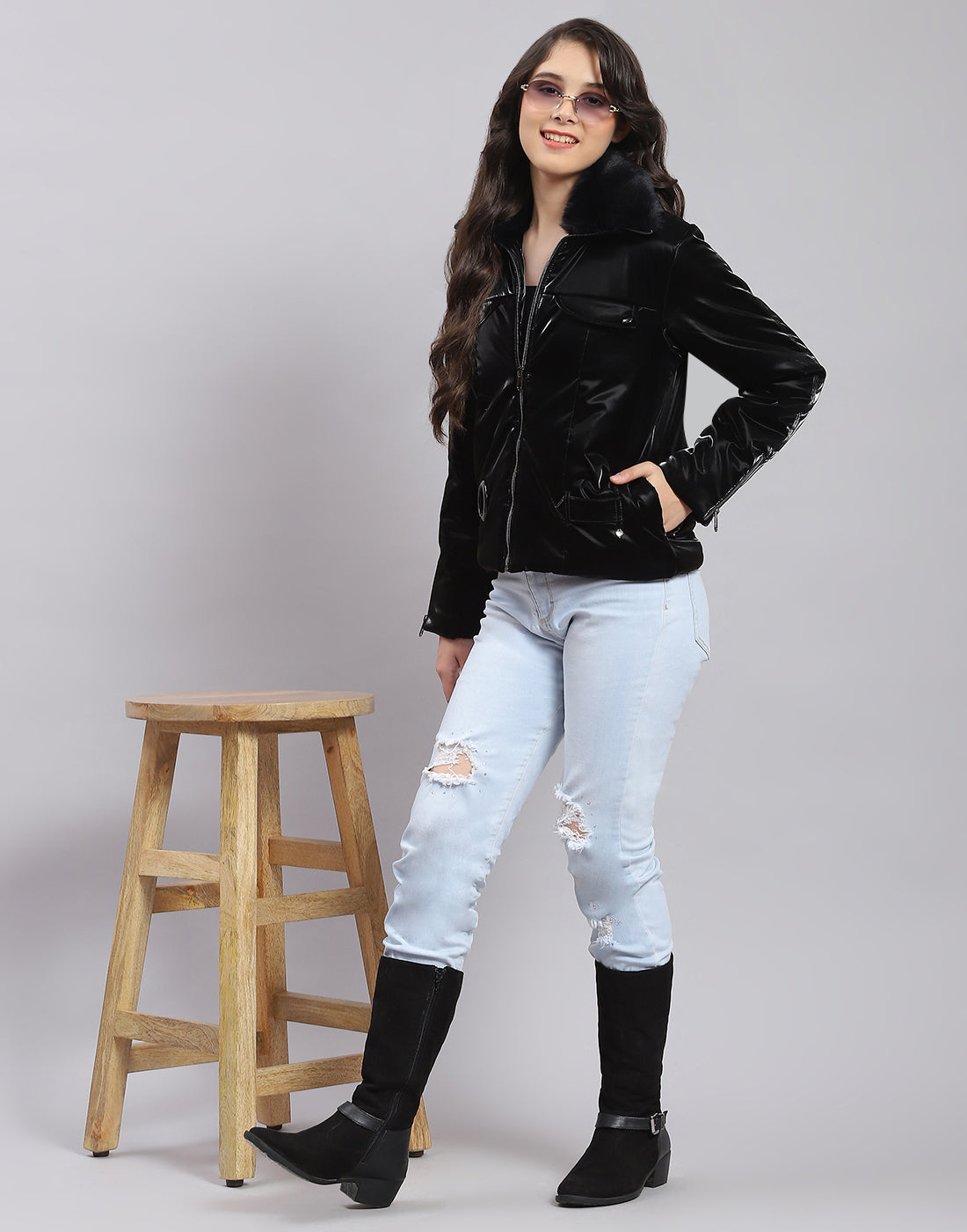 Girls Black Solid Collar Full Sleeve Girls Jacket