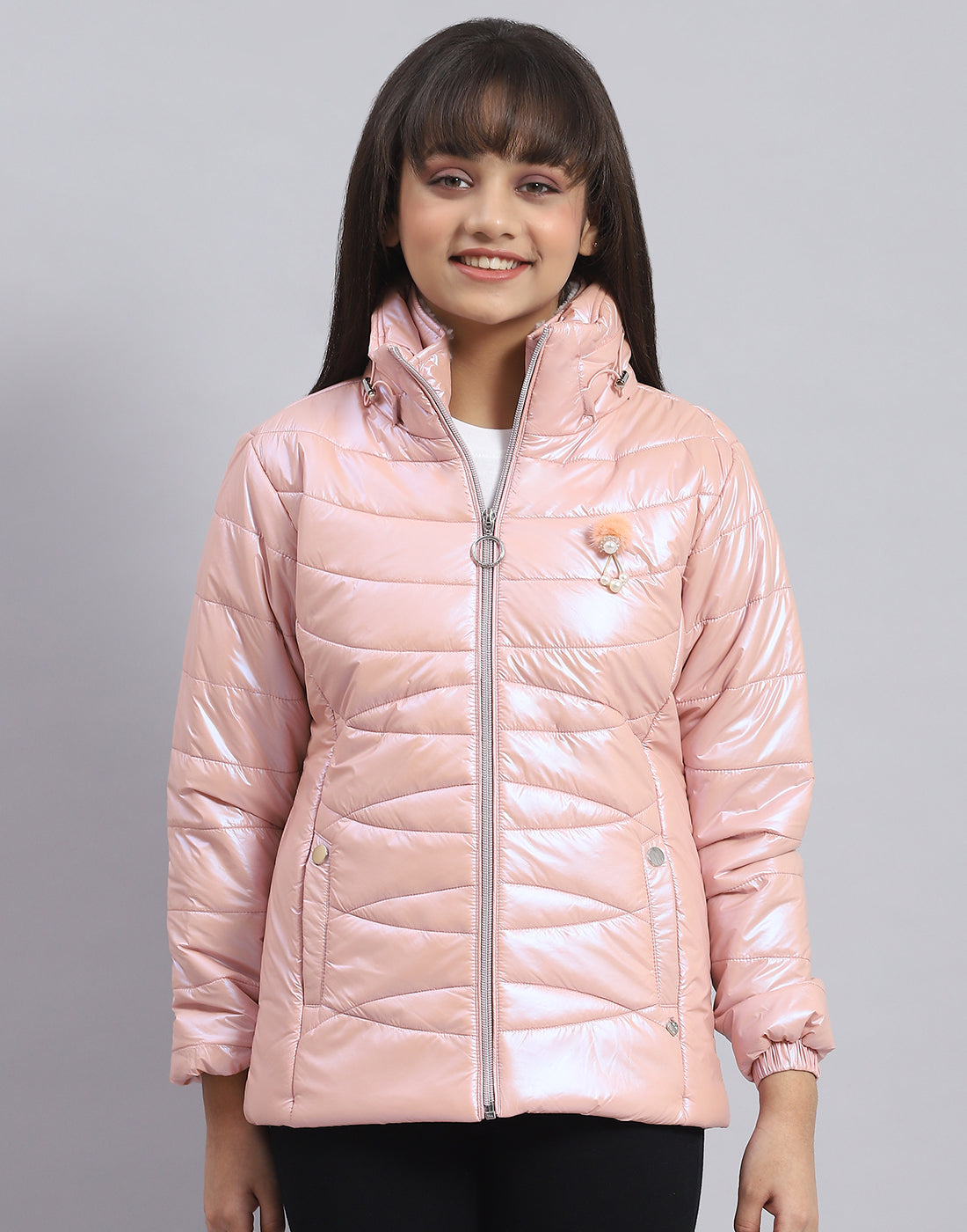 Girls Pink Solid Stand Collar Full Sleeve Girls Jacket