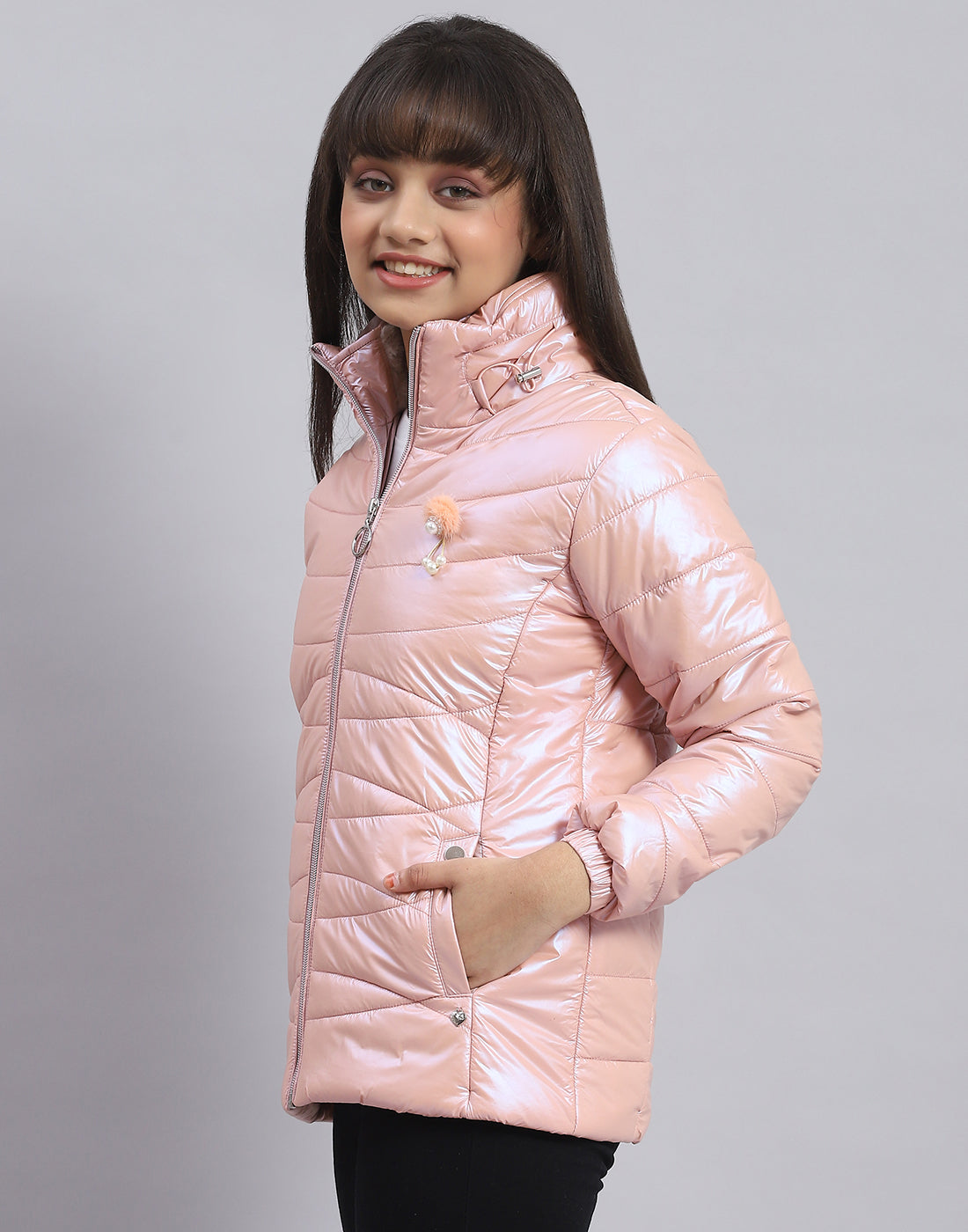 Girls Pink Solid Stand Collar Full Sleeve Girls Jacket