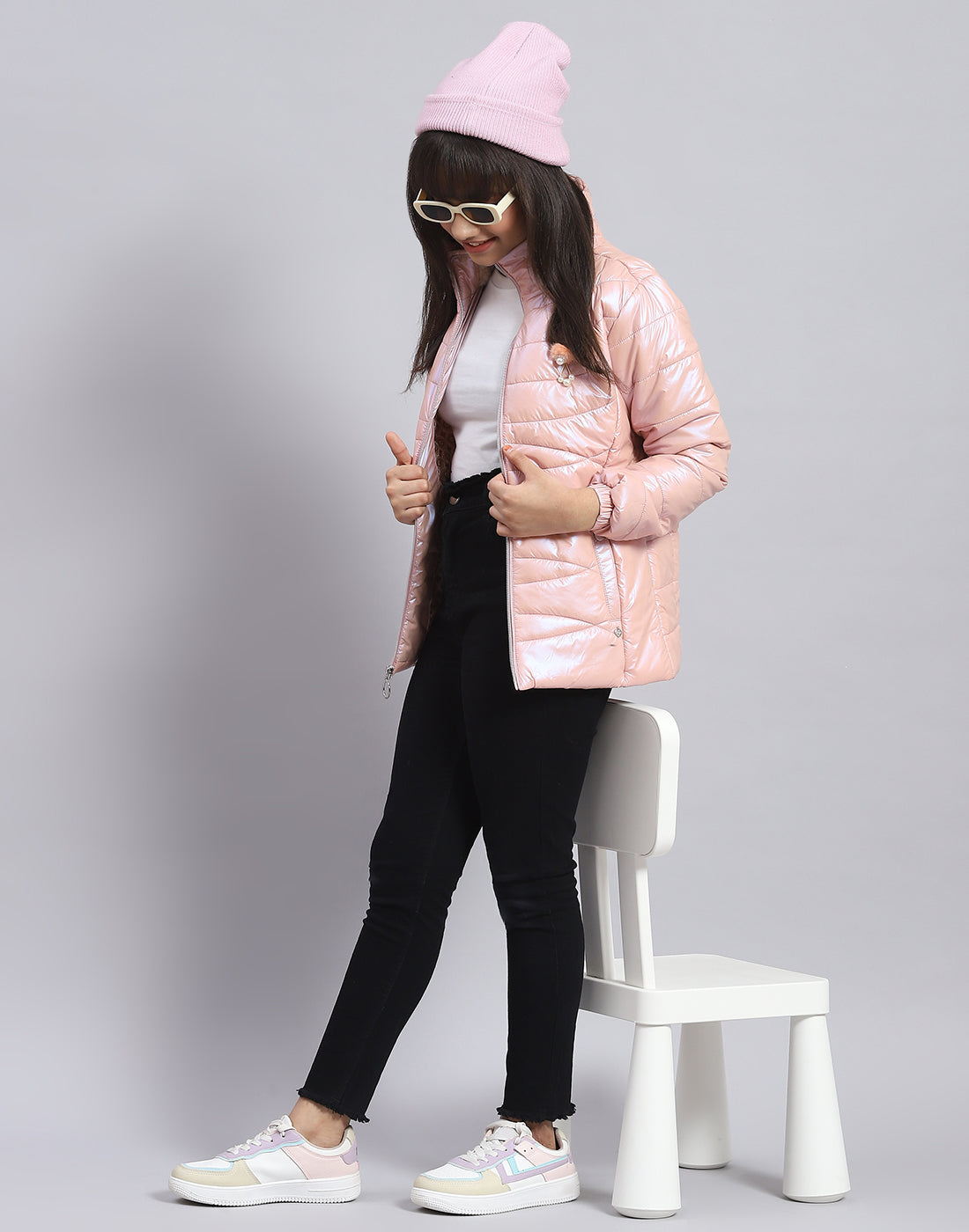 Girls Pink Solid Stand Collar Full Sleeve Girls Jacket