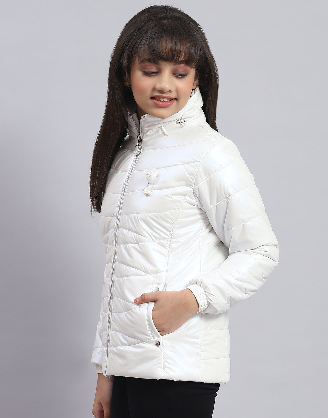 Girls Off White Solid Stand Collar Full Sleeve Girls Jacket