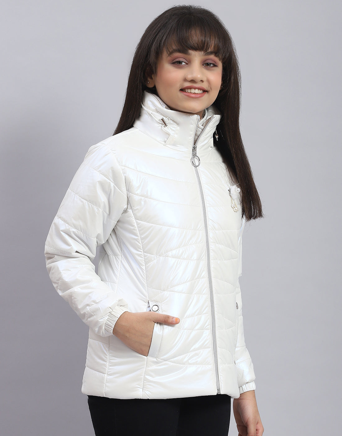 Girls Off White Solid Stand Collar Full Sleeve Girls Jacket