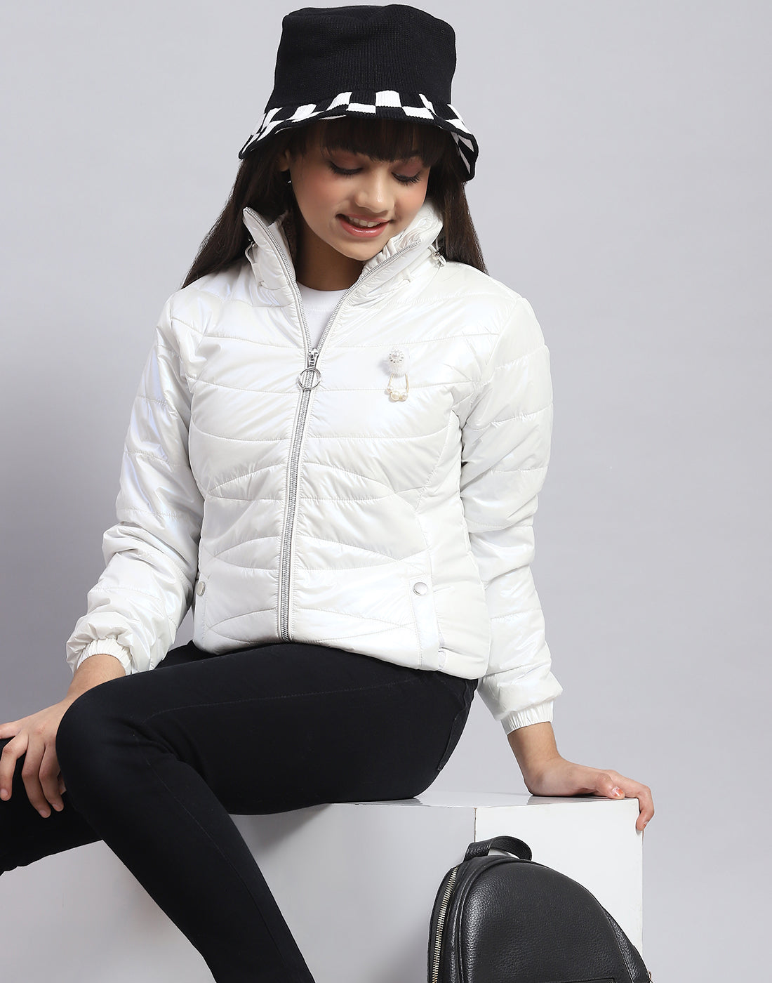 Girls Off White Solid Stand Collar Full Sleeve Girls Jacket