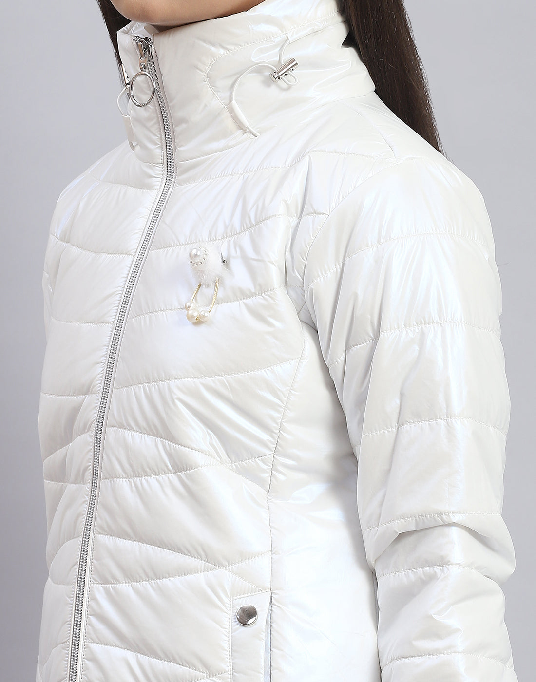 Girls Off White Solid Stand Collar Full Sleeve Girls Jacket